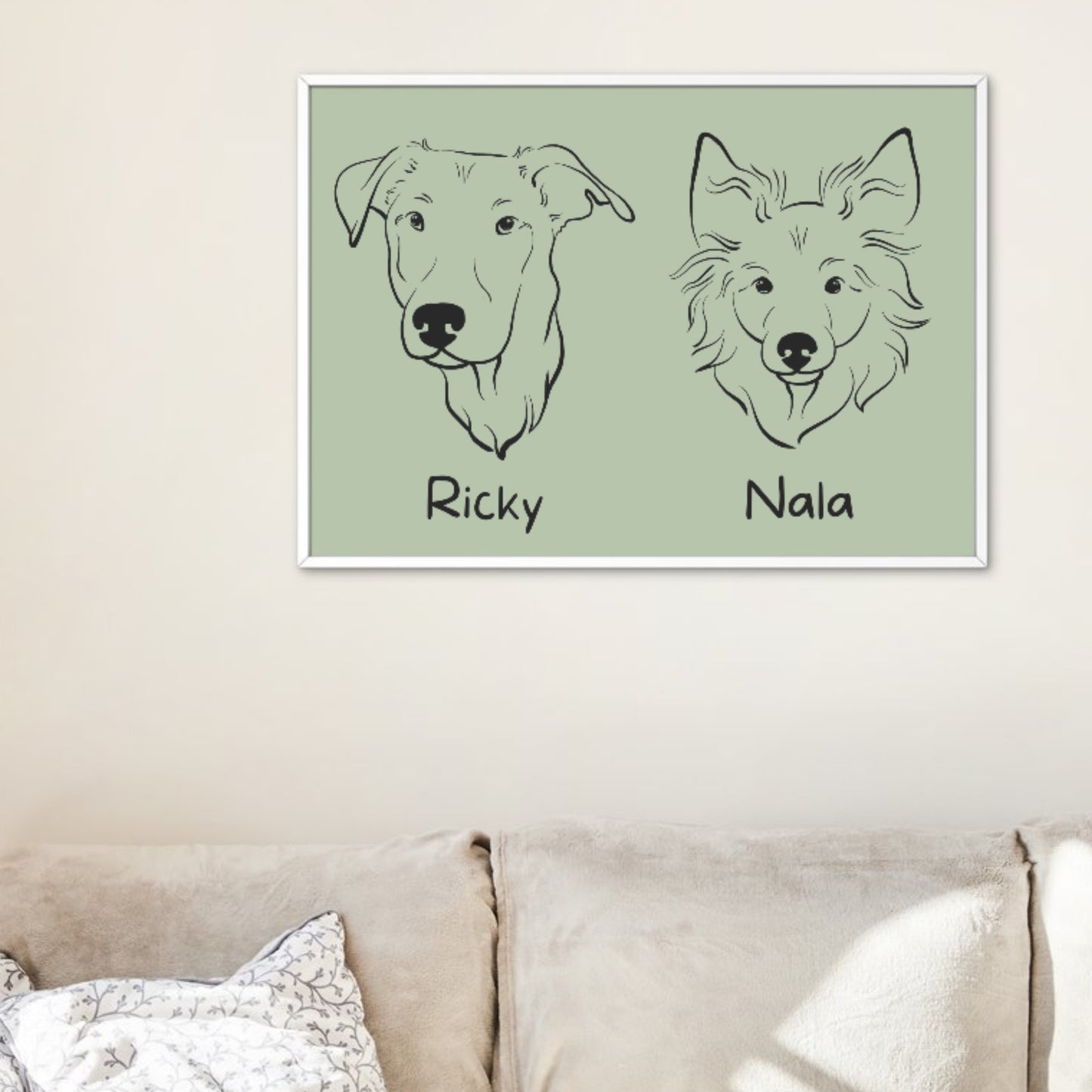 personalisierte Hunde Kontur Porträts; gedruckt auf Leinwand, Poster oder Tasse; Haustierporträt mit zwei Haustieren