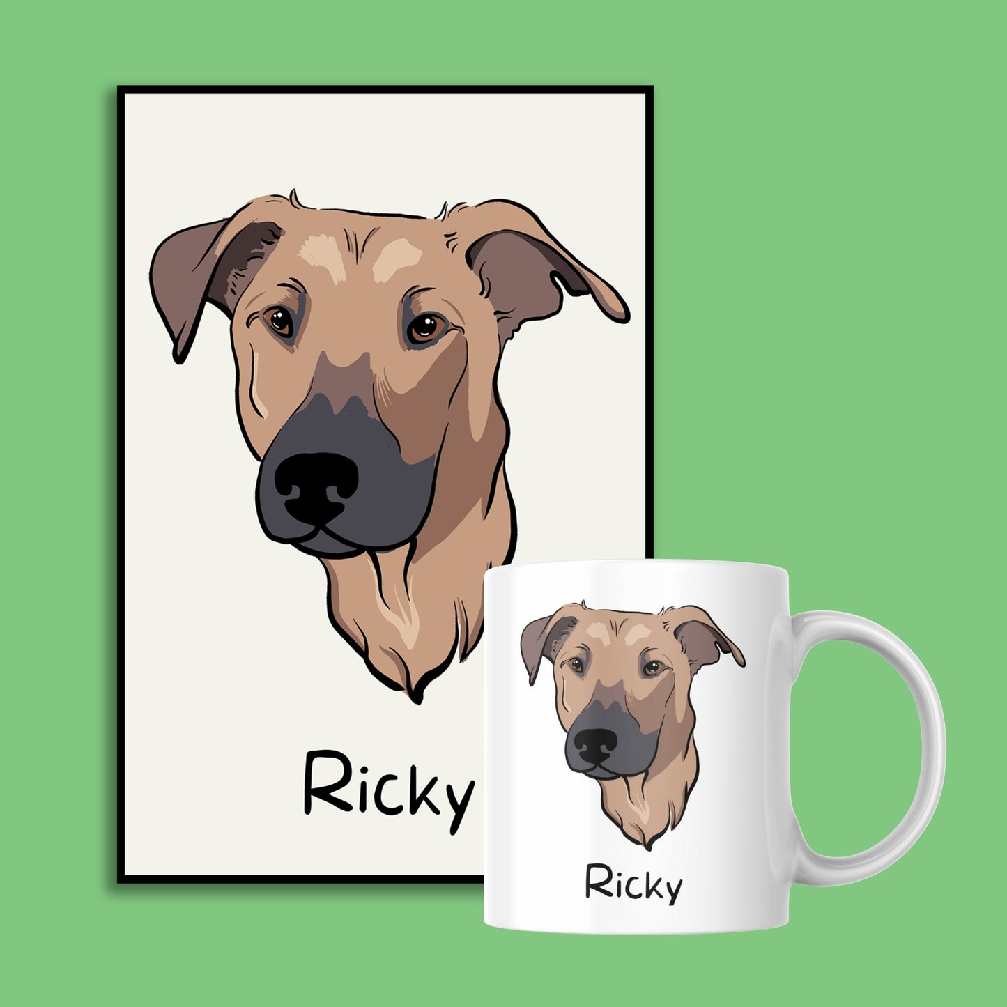 personalisiertes Hunde Farbkontur Porträt im Bundle; gedruckt auf Leinwand, Poster oder Tasse; Haustierporträt