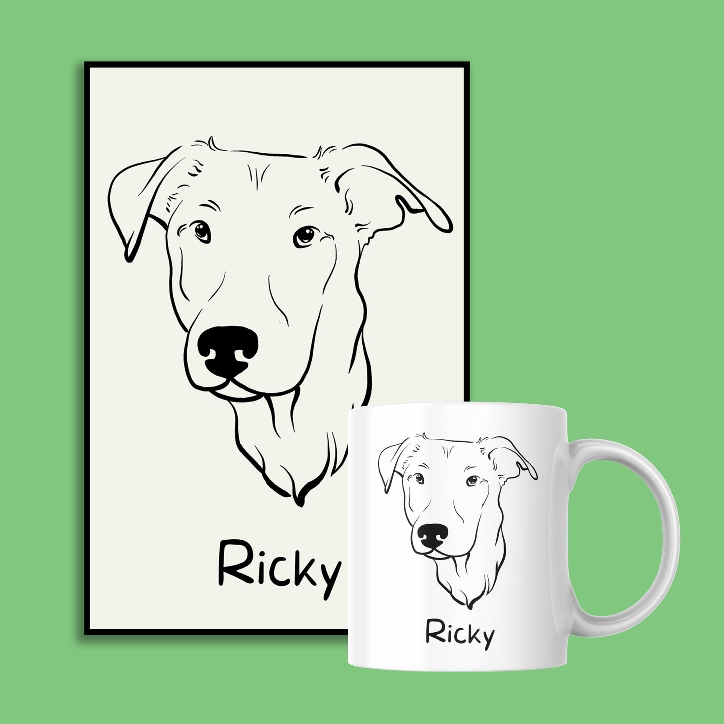 personalisiertes Hunde Kontur Porträt im Bundle; gedruckt auf Leinwand, Poster oder Tasse; Haustierporträt