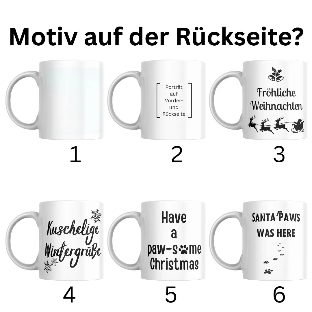 Personalisierte Haustier Tassen von FotoPfote zu Weihnachten; mit Motiv auf der Rückseite