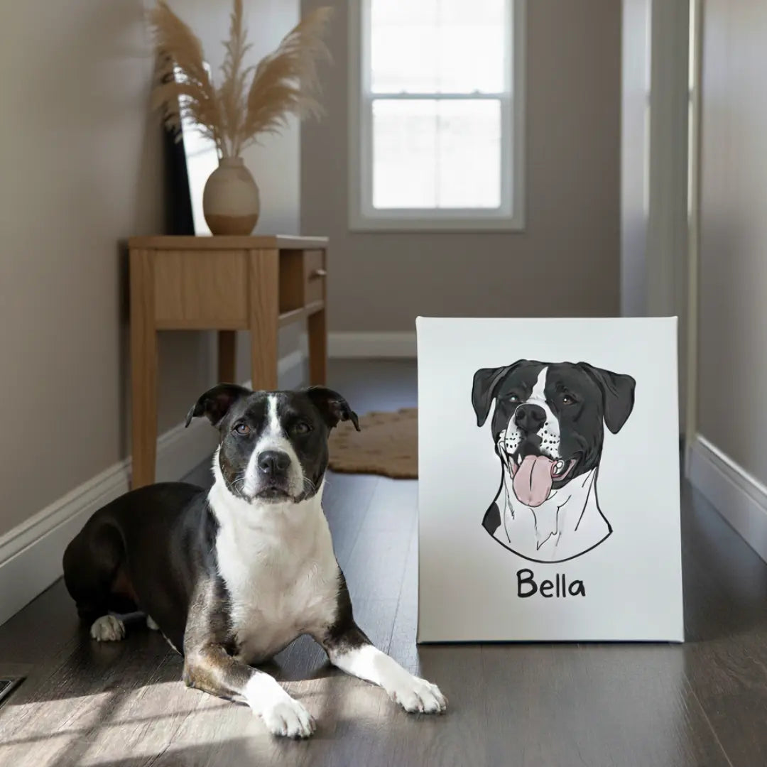 personalisiertes Hunde Farbkontur Porträt; gedruckt auf Leinwand, Poster oder Tasse; Haustierporträt