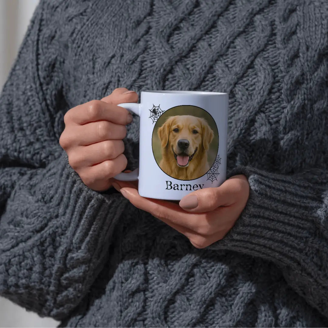 Personalisierte Foto Tasse Halloween-Motiv Spinnennetz von FotoPfote für Haustiere