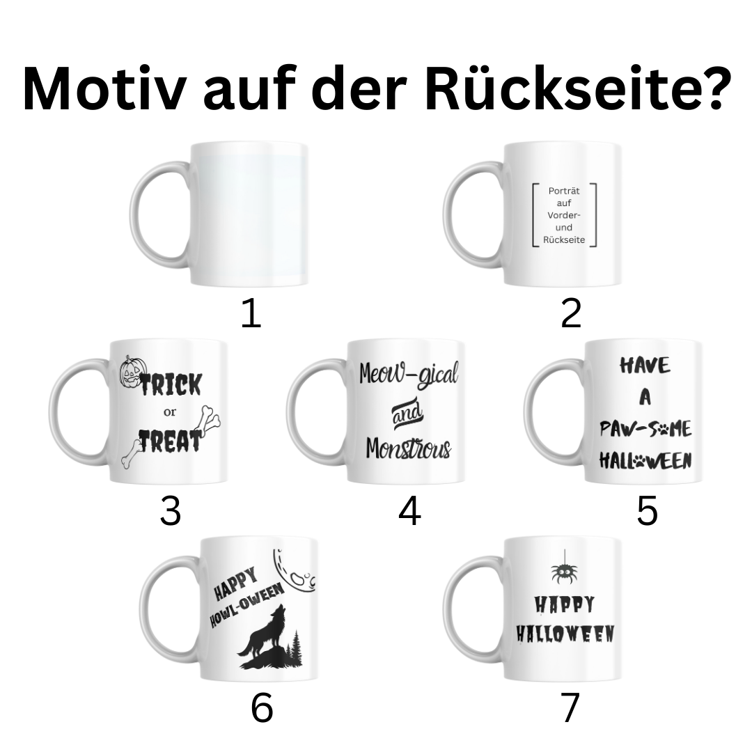 Personalisierte Haustier Tassen von FotoPfote zu Halloween; mit Motiv auf der Rückseite