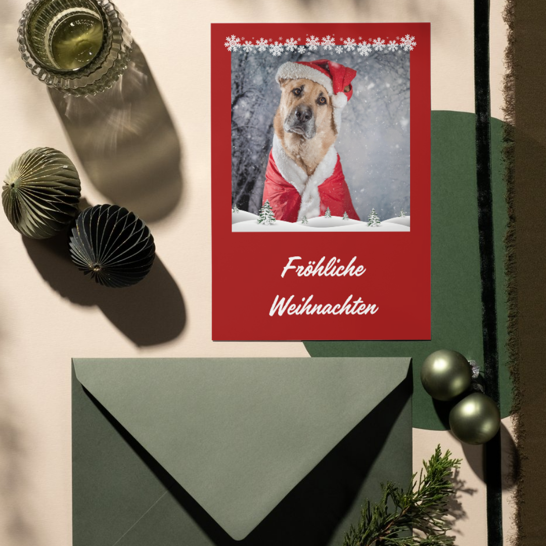 Deine personalisierte Haustier-Weihnachtskarte in roter Farbe und mit Schnee-Motiv