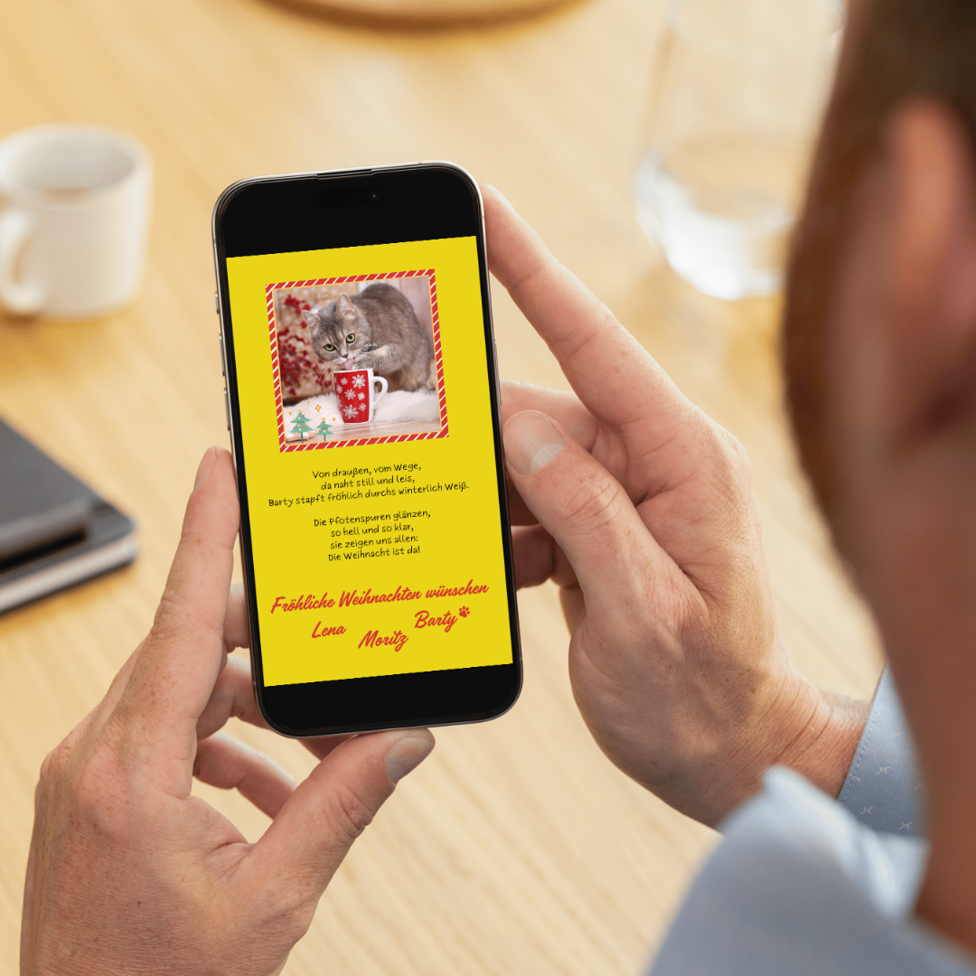 Deine personalisierte Haustier-Weihnachtskarte gibt es bei FotoPfote auch als digitale Datei